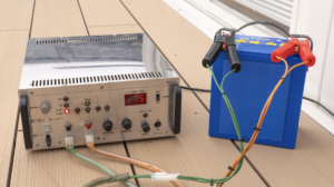 カーバッテリーの実用容量を確認するための放電試験 バッテリーの実用容量を確認する放電試験の様子です。