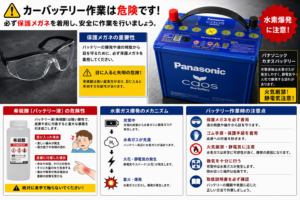 カーバッテリー作業時の安全対策を解説する図解。保護メガネの着用、水素ガス爆発の危険性、希硫酸による目や皮膚への被害について説明。